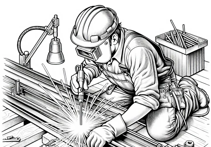 Bauarbeiter schweist Metallträger zusammen – Ausmalbild