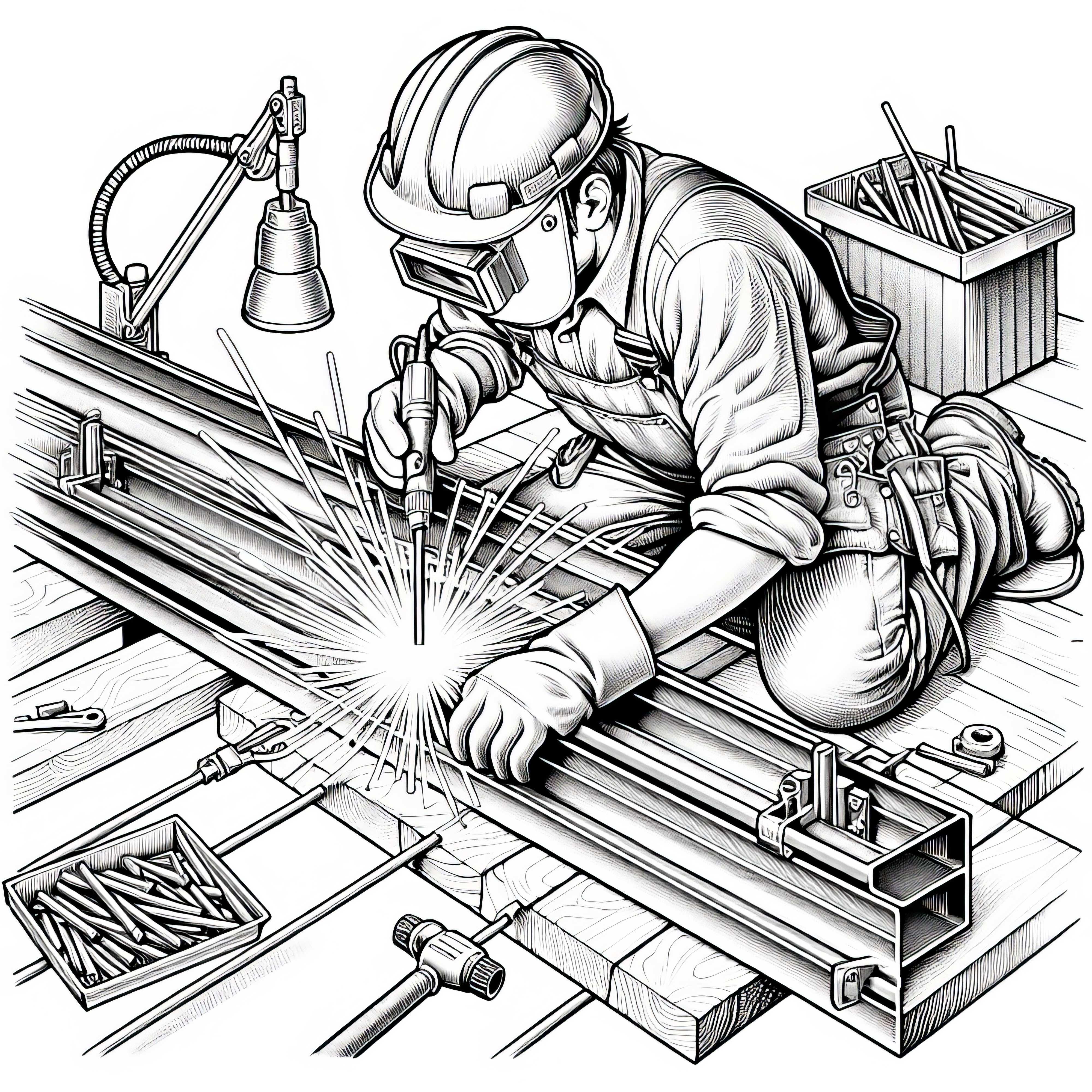 Construction worker welding metal beams together – Coloring page