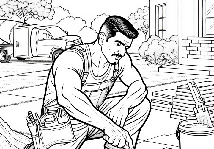 Construction worker applies cement with trowel - detailed coloring page for free Construction worker lays cement with trowel - detailed coloring page for free