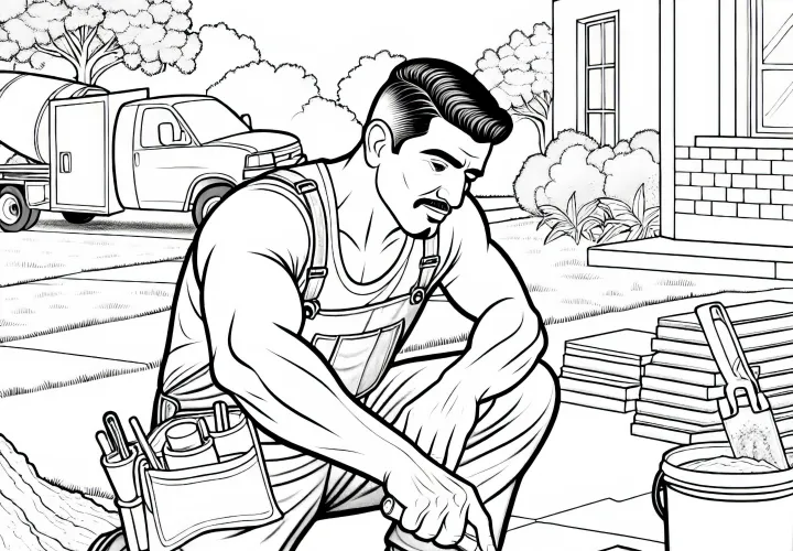 Bauarbeiter legt Zement mit Kelle - Malvorlage detailreich kostenlos