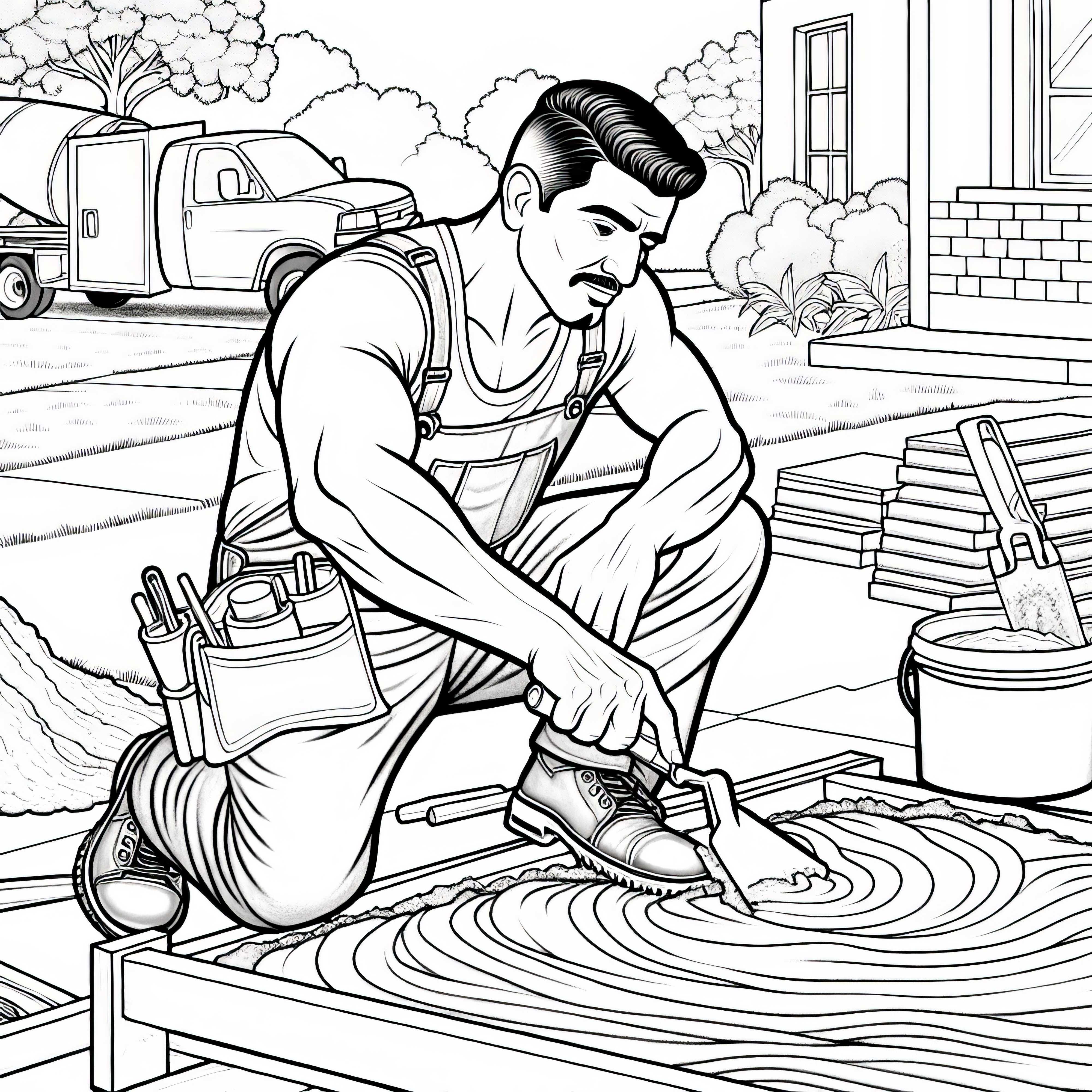 Construction worker lays cement with trowel - free detailed coloring page
