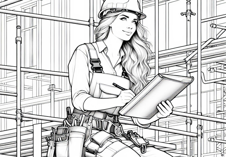 Construction worker on scaffolding with helmet - free detailed coloring page Construction worker on scaffolding with helmet – Detailed coloring page for free