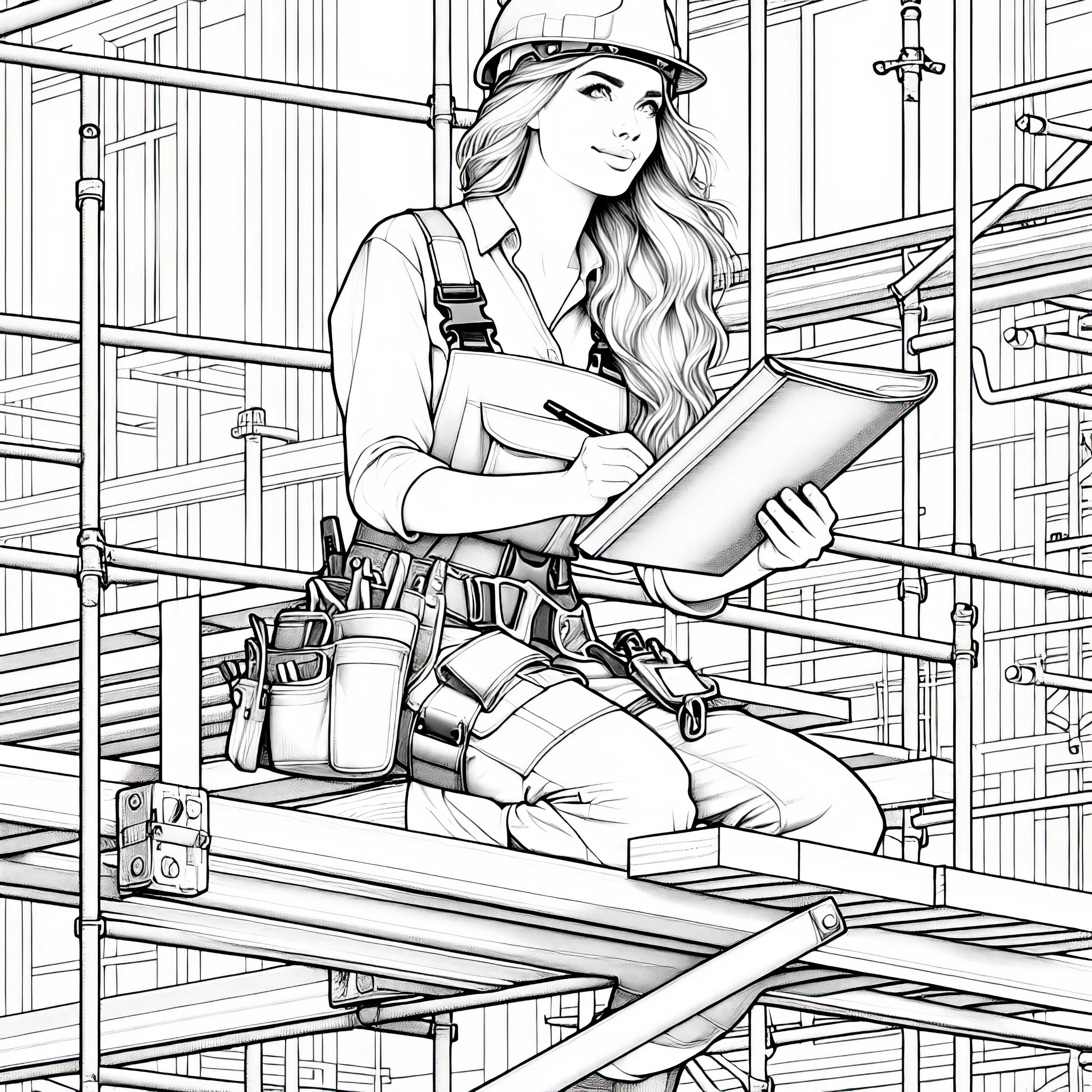 Construction worker on scaffolding with helmet – Detailed coloring page for free
