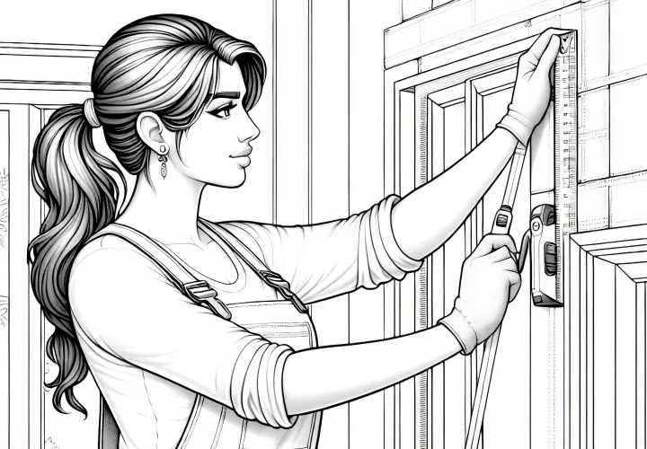 Bauarbeiterin misst mit Maßband Wand – Ausmalbild kostenlos und detailreich