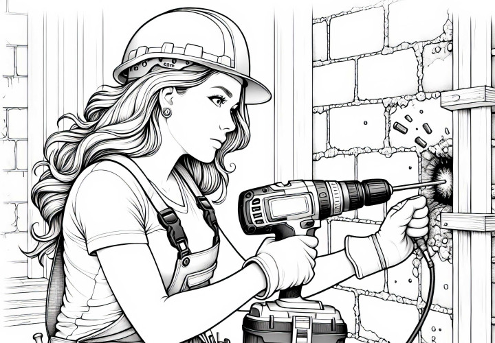 Construction worker drills holes in concrete wall - Coloring page in high quality Construction worker drilling holes in concrete wall - coloring page in high quality