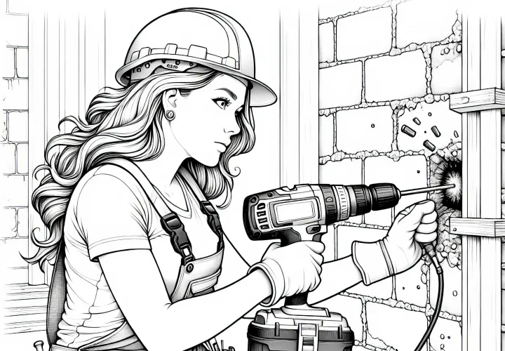 Bauarbeiterin bohrt Löcher in Betonwand – Ausmalbild in hoher Qualität