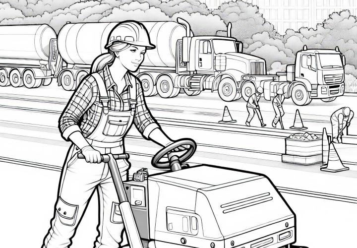 Construction worker performing road work with a roller – Coloring page Female construction worker performing road work with a roller - coloring page