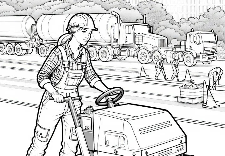 Bauarbeiterin führt Straßenarbeiten mit Walze aus – Ausmalbild
