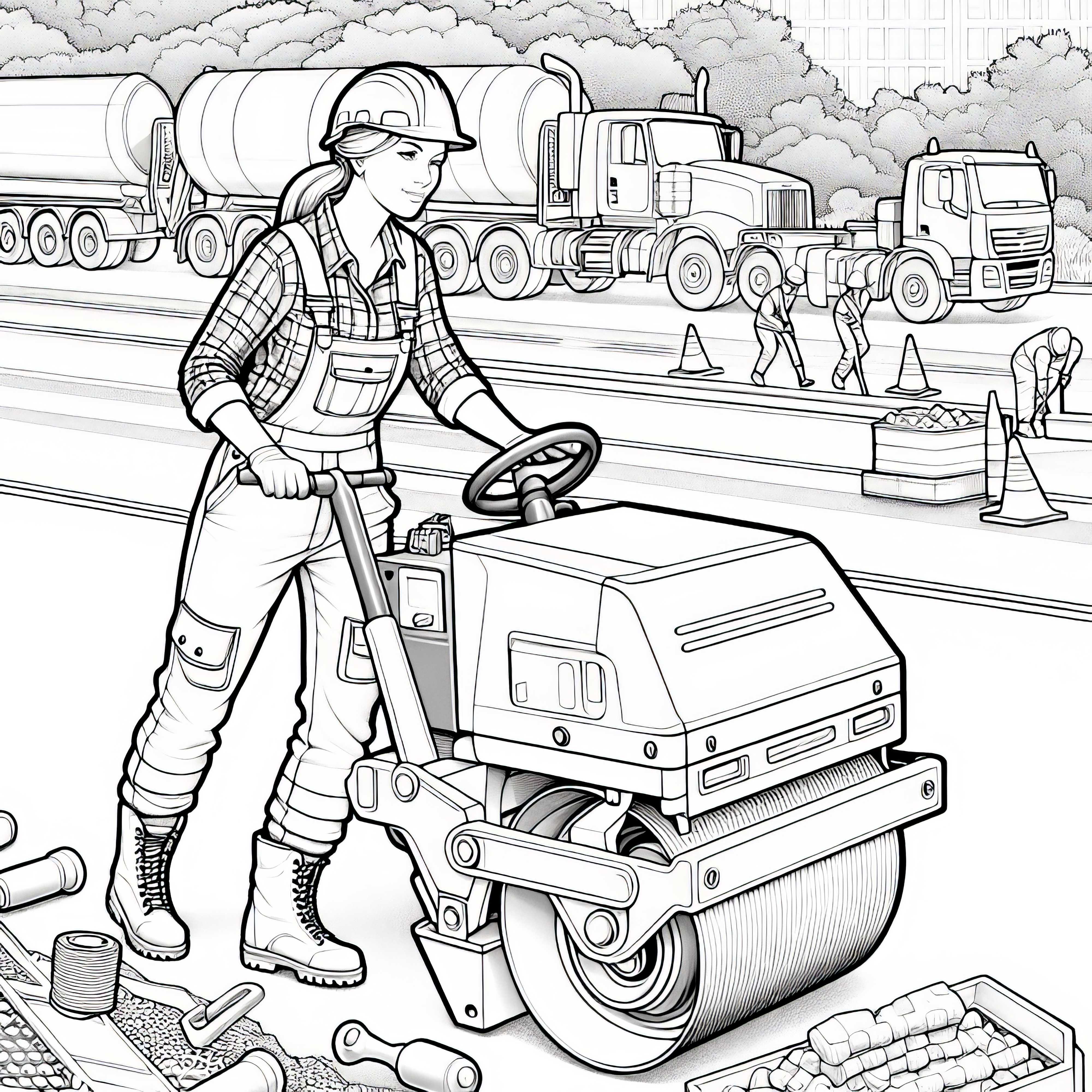 Construction worker performing road work with a roller – Coloring page