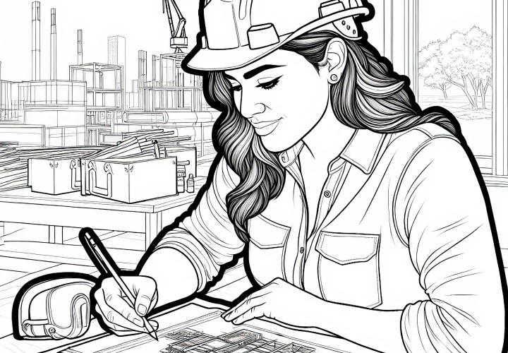 Construction worker creates construction drawing at the table – detailed coloring page for free Construction worker creates construction drawing at the table - detailed coloring template for free