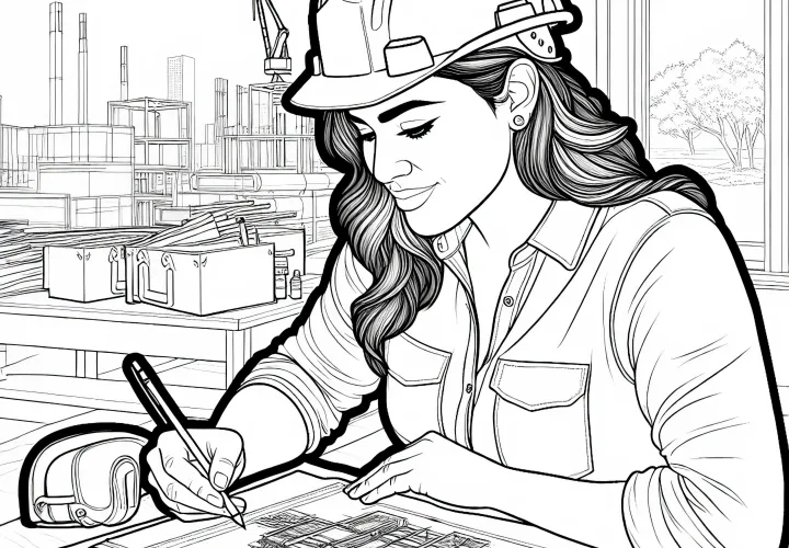Bauarbeiterin macht Bauzeichnung am Tisch – Malvorlage detailreich kostenlos