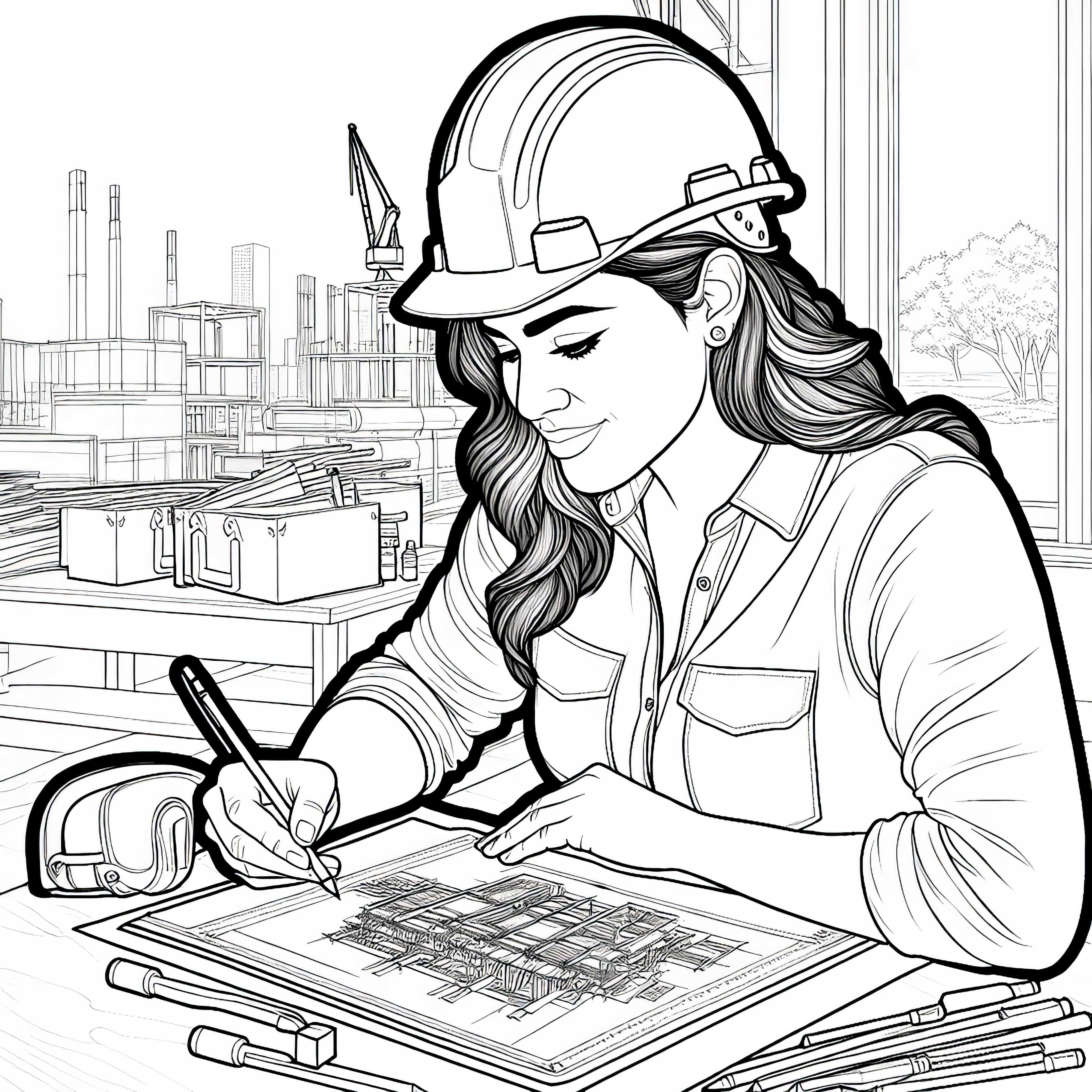 Construction worker creates construction drawings at the table – free detailed coloring template