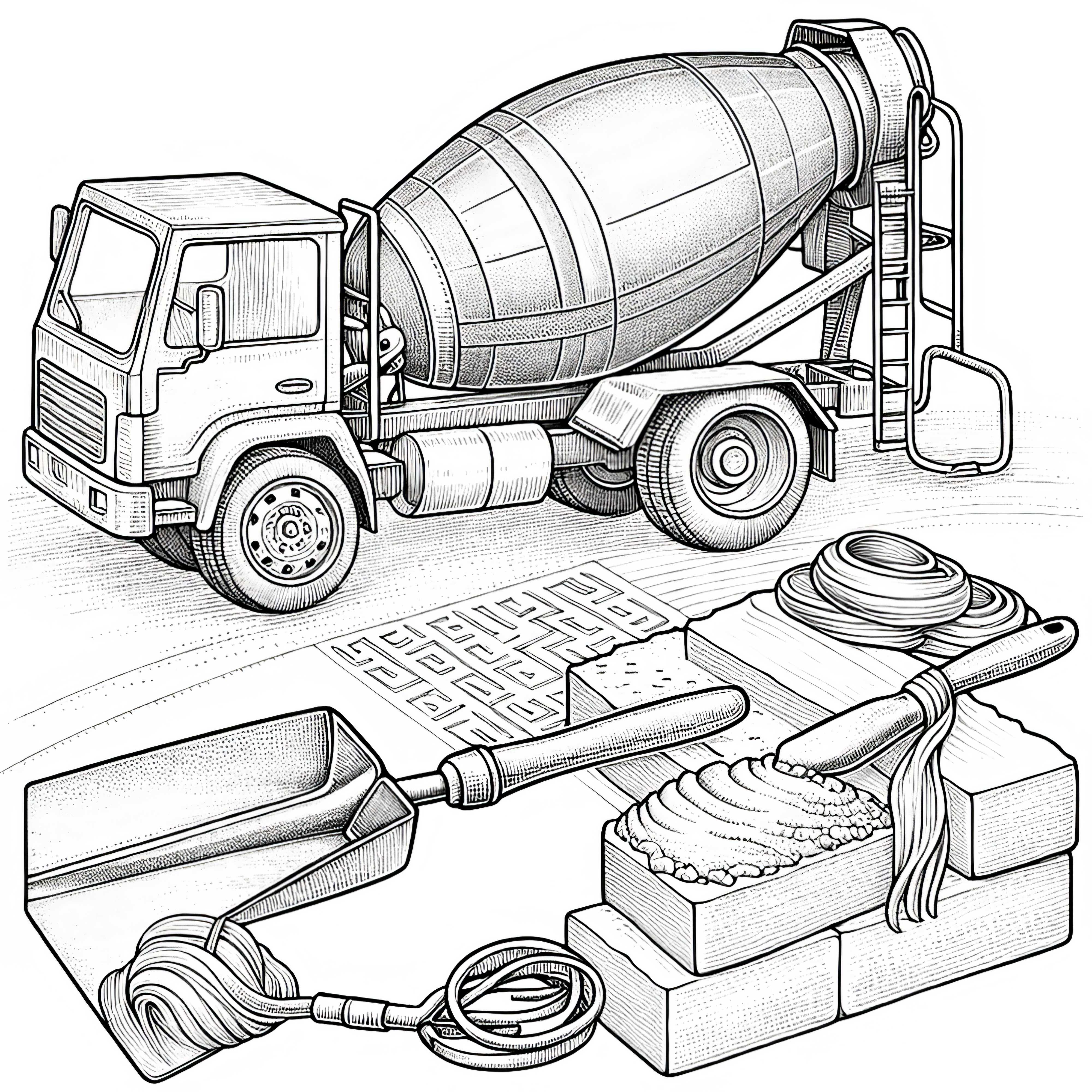 Cement mixer coloring page, detailed, free