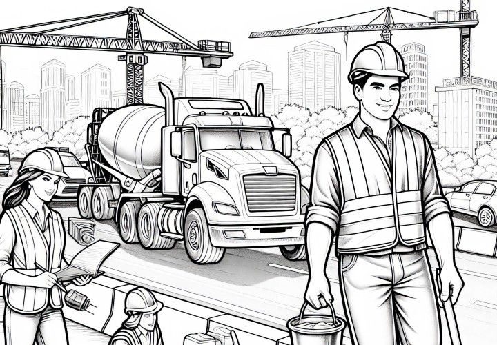 Road construction site with construction workers - Detailed coloring page free of charge Road construction site with construction workers - Detailed coloring template free of charge