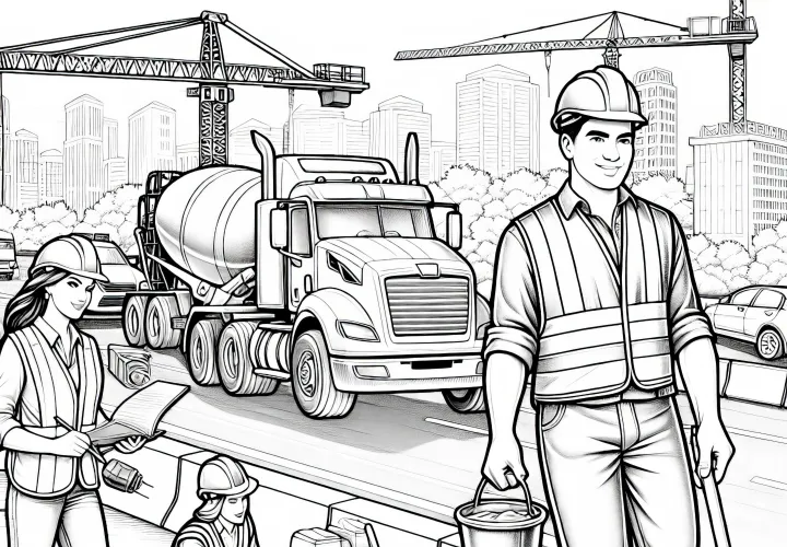 Straßenbaustelle mit Bauarbeitern – Detailreiche Malvorlage Kostenlos