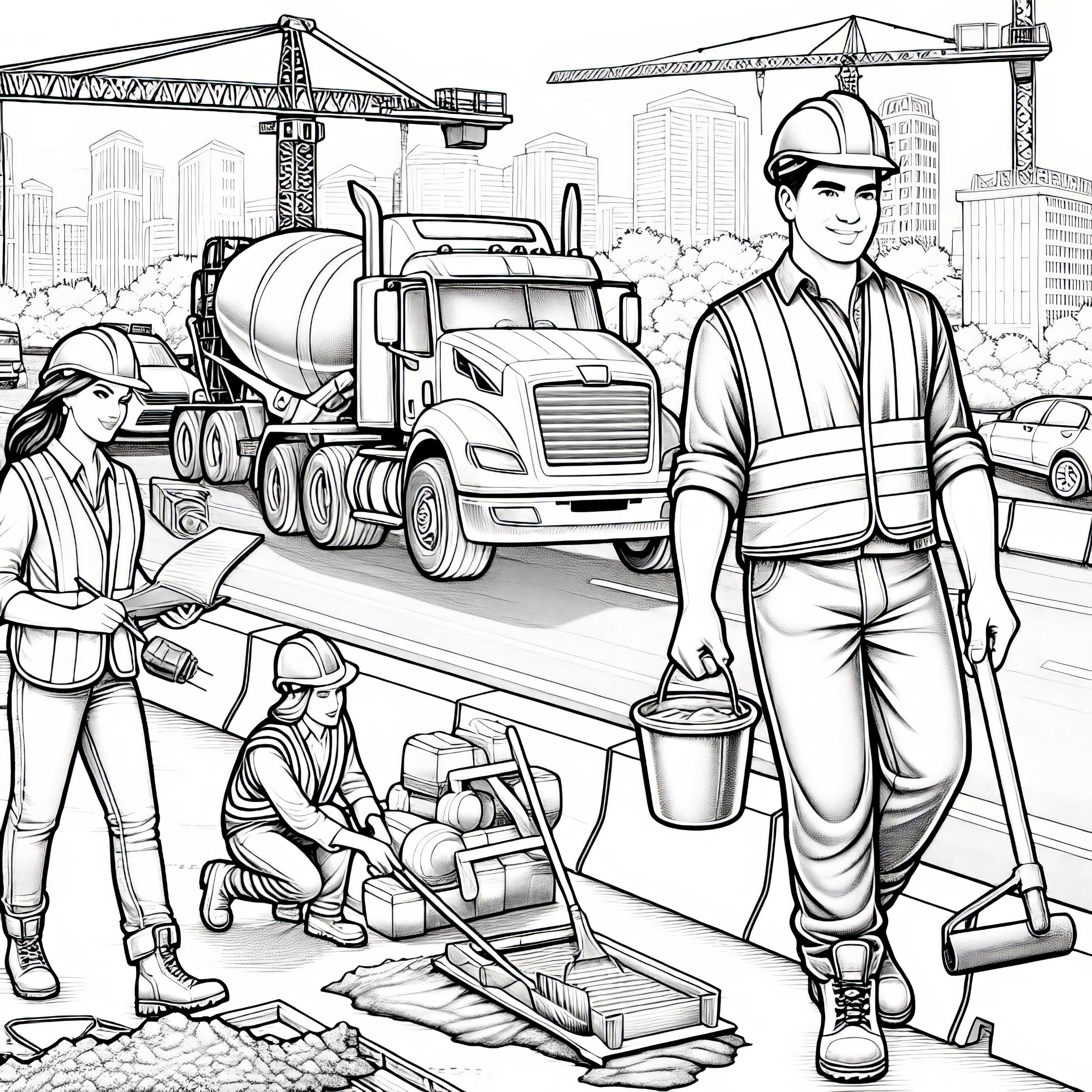 Road construction site with construction workers - Detailed coloring page Free