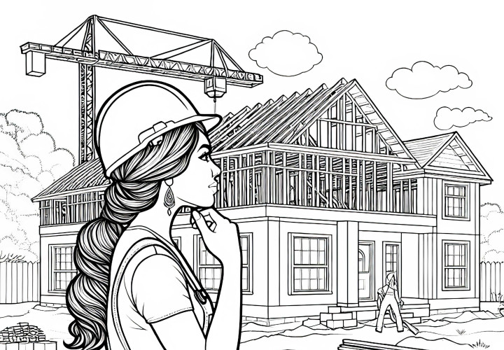 Construction site during house building with female construction worker – detailed free coloring page