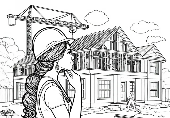 Baustelle beim Hausbau mit Bauarbeiterin – Malvorlage detailreich kostenlos