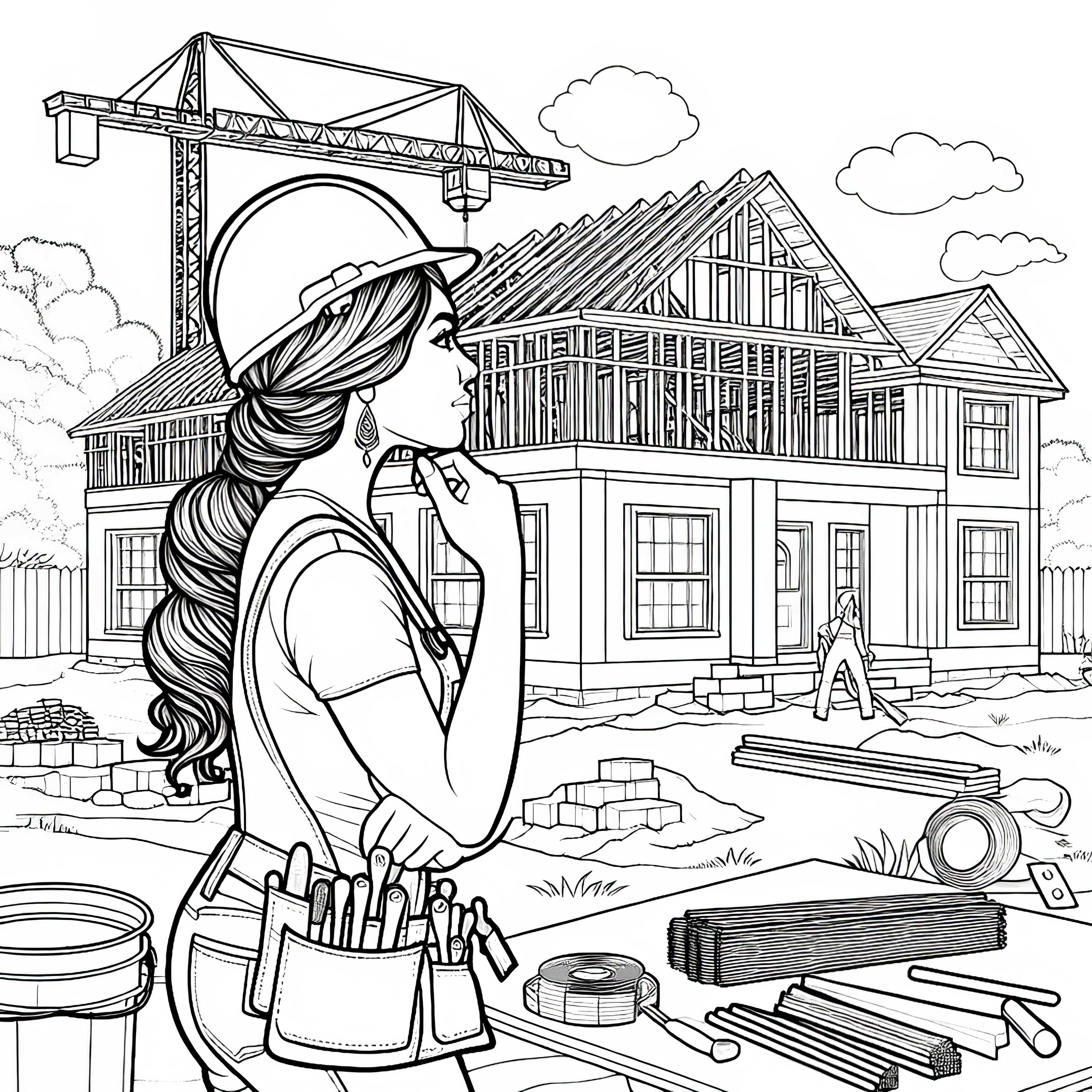 Construction site during house building with construction worker – detailed coloring page free of charge