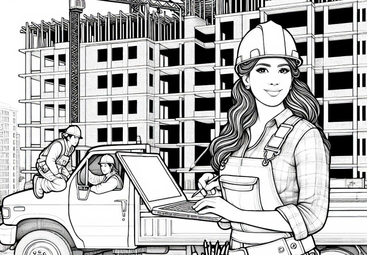 Construction site for the building of a high-rise with construction workers - free coloring page Construction site for a high-rise building with construction workers - free coloring page