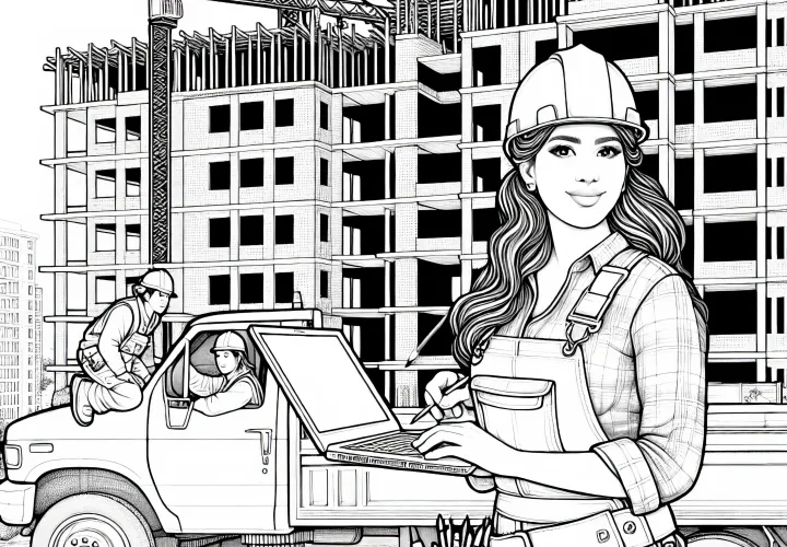 Baustelle beim Bau eines Hochhauses mit Bauarbeitern – Ausmalbild kostenlos