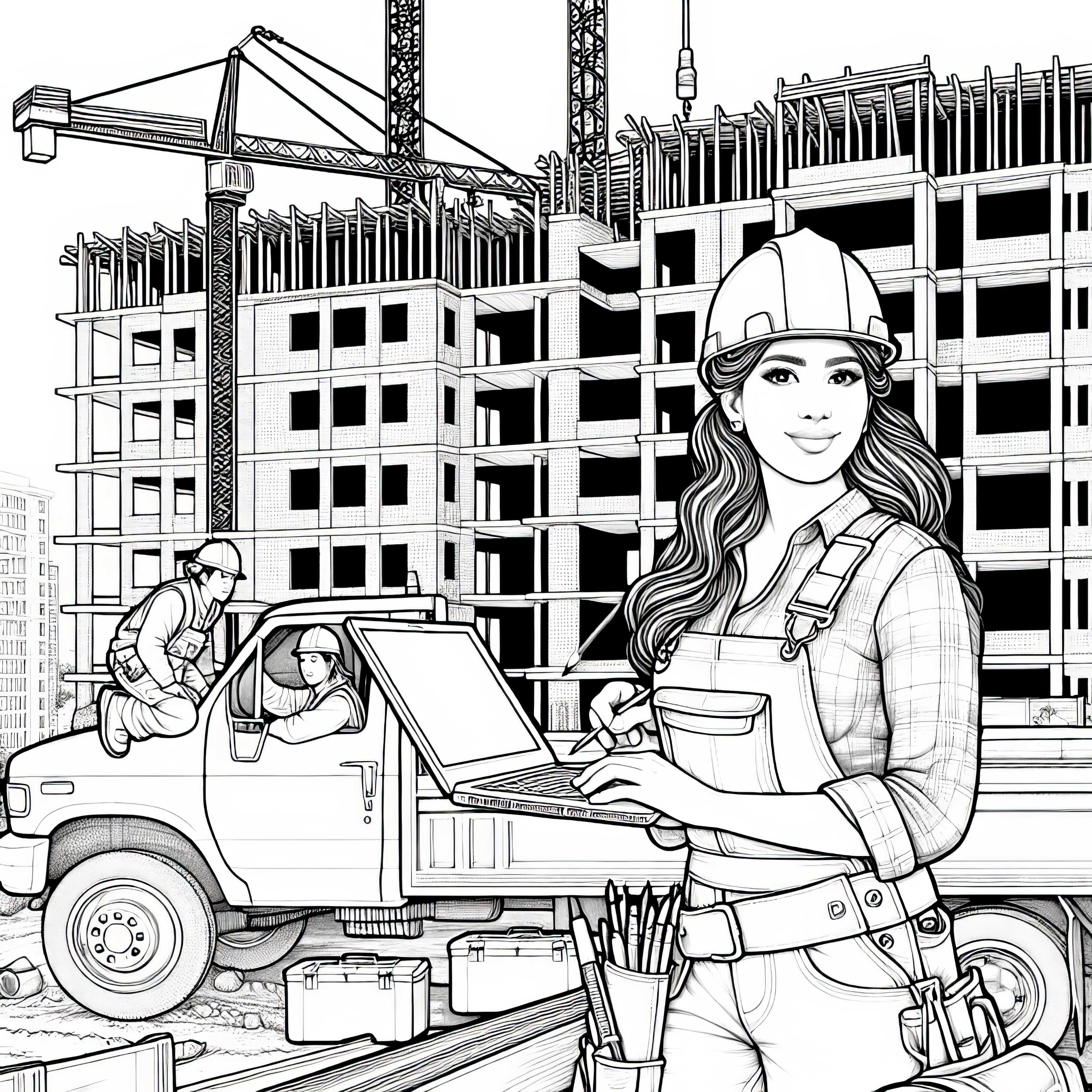 Construction site for a high-rise building with construction workers - Free coloring page