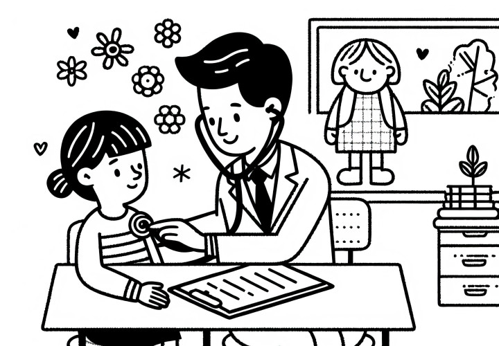 Doctor with stethoscope examining a female patient - coloring page easy free Doctor with stethoscope examining a patient - coloring page simple free of charge
