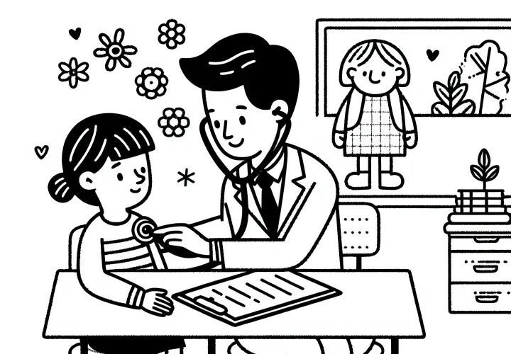 Arzt mit Stethoskop bei Untersuchung einer Patientin – Malvorlage einfach kostenlos