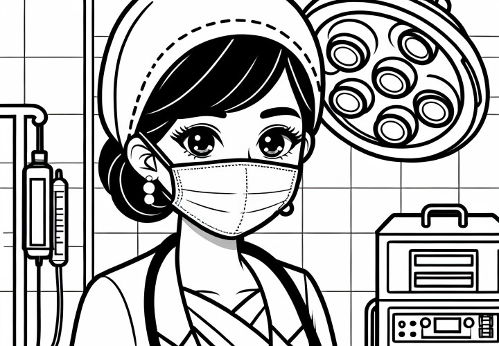 Doctor in the operating room with mask - coloring template easy free Female doctor in the operating room with mask - coloring template simple free