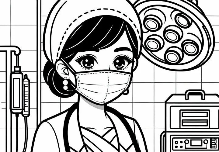 Ärztin im Operationssaal mit Maske - Malvorlage einfach gratis
