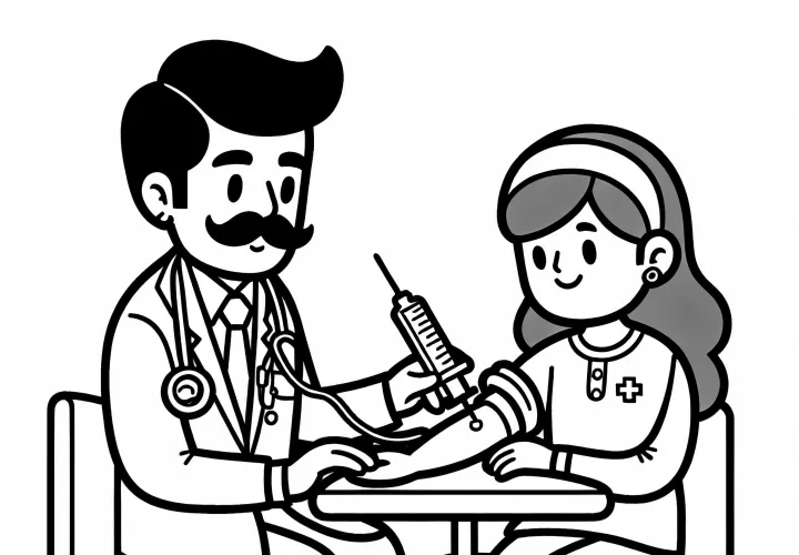 Arzt bei Blutabnahme – Ausmalbild einfach kostenlos