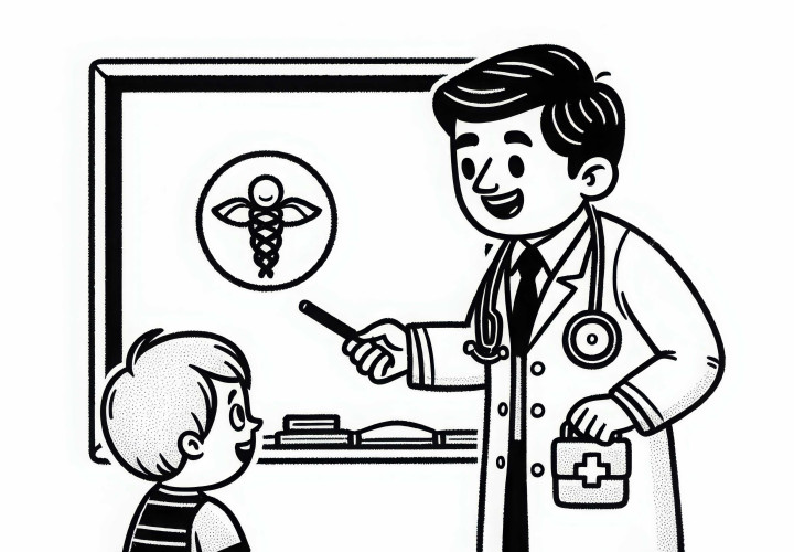 Doctor explains something to a child on the board - simple coloring page free of charge Doctor explains something to a child on a board - Simple coloring page for free