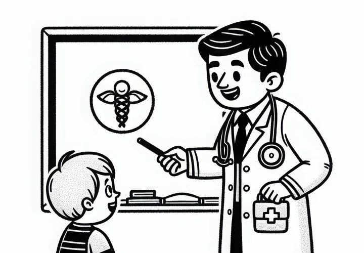 Arzt erklärt Kind etwas auf Tafel - Malvorlage einfach kostenlos