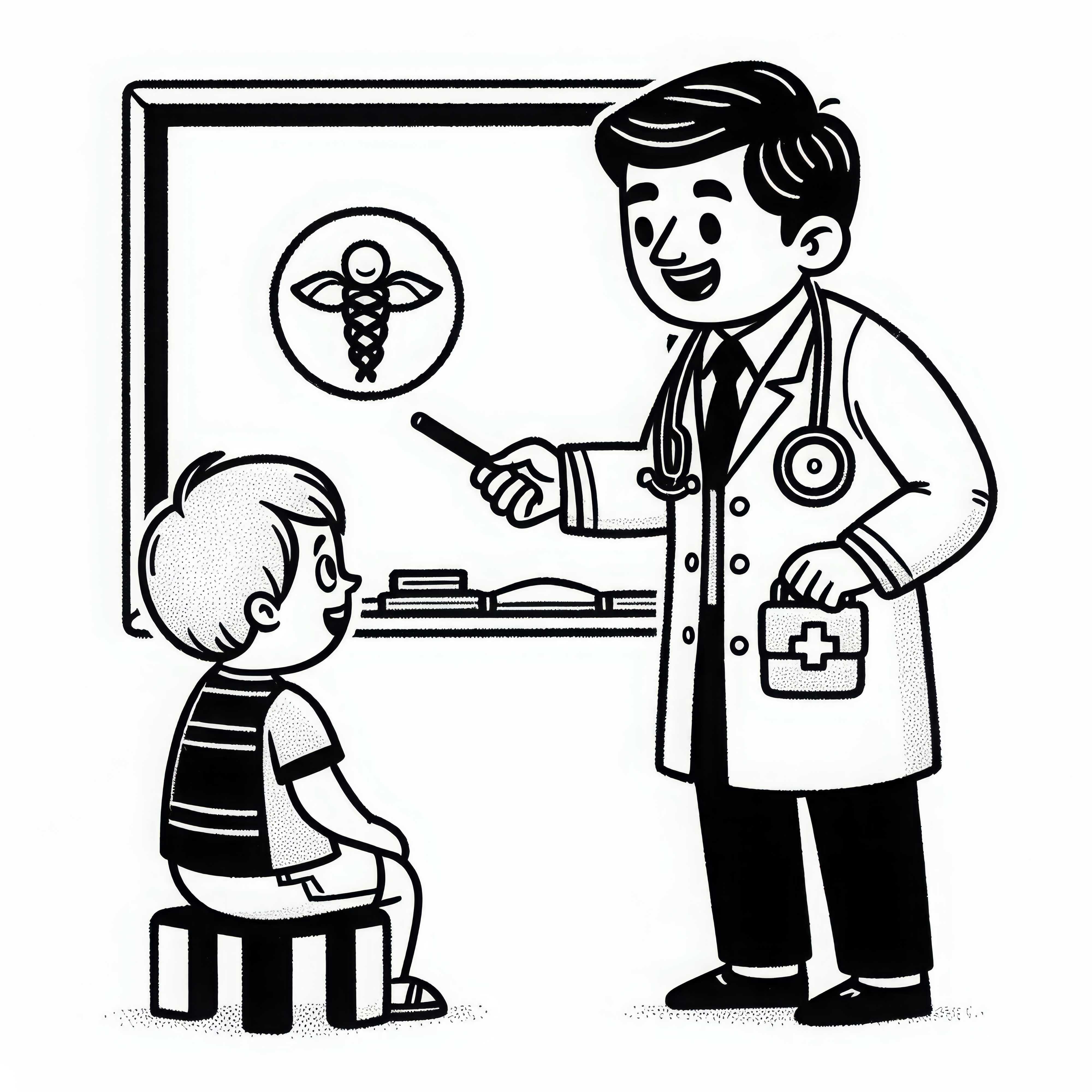 Doctor explains something to a child on a blackboard - simple coloring template for free