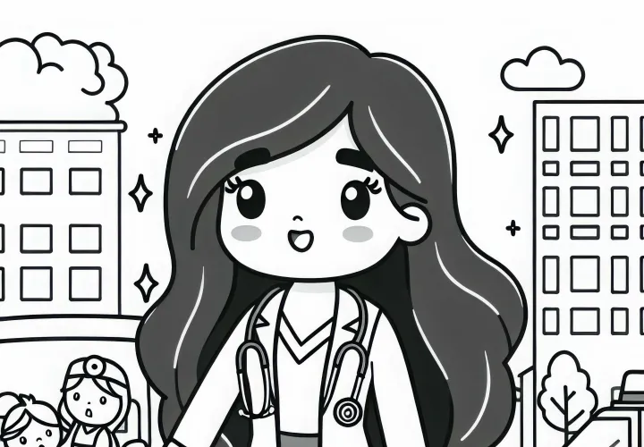 Ärztin mit Erste-Hilfe-Koffer in Notfallsituation – Ausmalbild einfach kostenlos