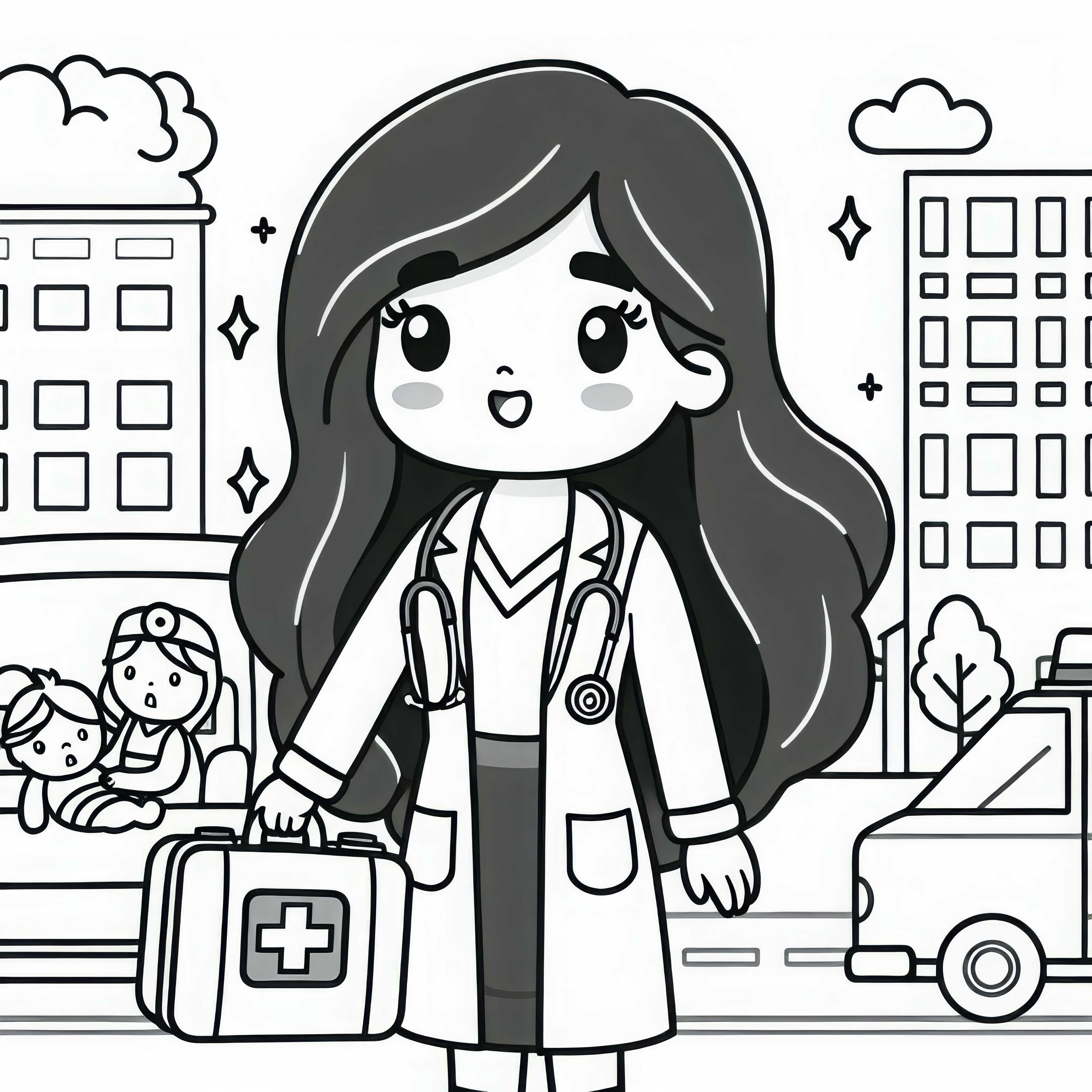 Doctor with first aid kit in emergency situation – Coloring page simple and free