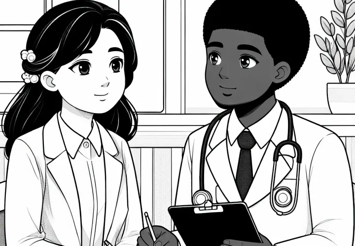 Ärztin bei Besprechung mit Kollegen – Ausmalbild einfach kostenlos