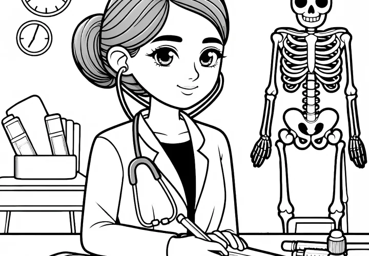 Ärztin mit Skelettmodell im Hintergrund – Ausmalbild einfach gratis