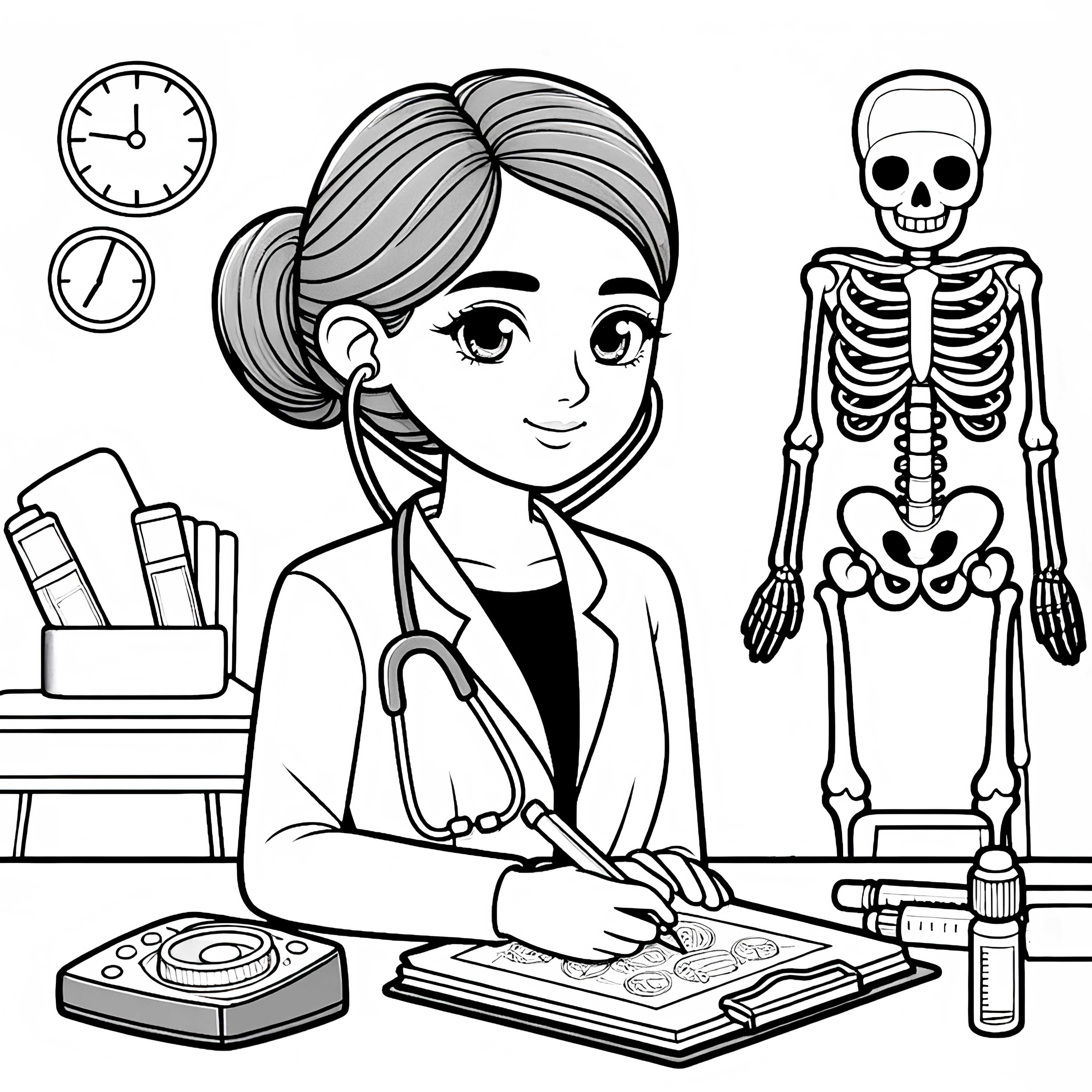 Female doctor with skeleton model in the background - coloring page easy free