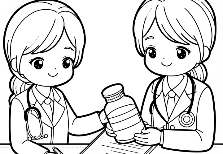 Ärztin, die Medikamente verschreibt – Ausmalbild einfach gratis