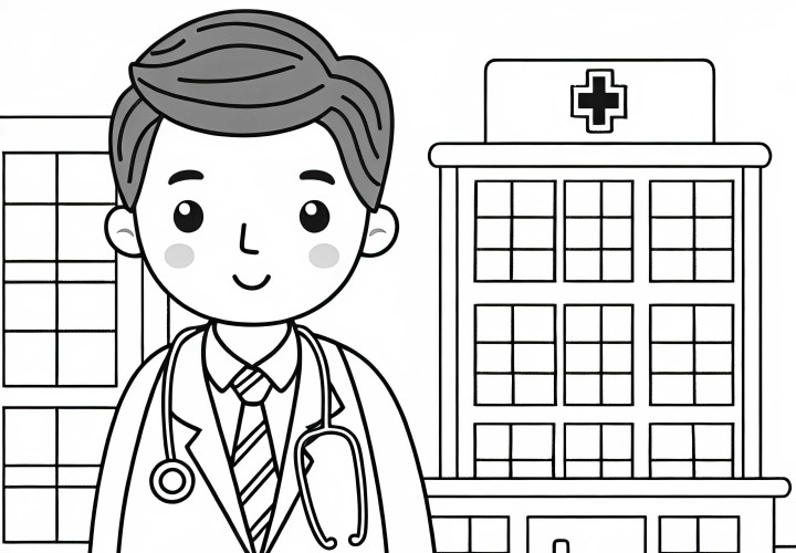 Hospital with Doctor - Simple Free Coloring Page Hospital with doctor - coloring template simple free