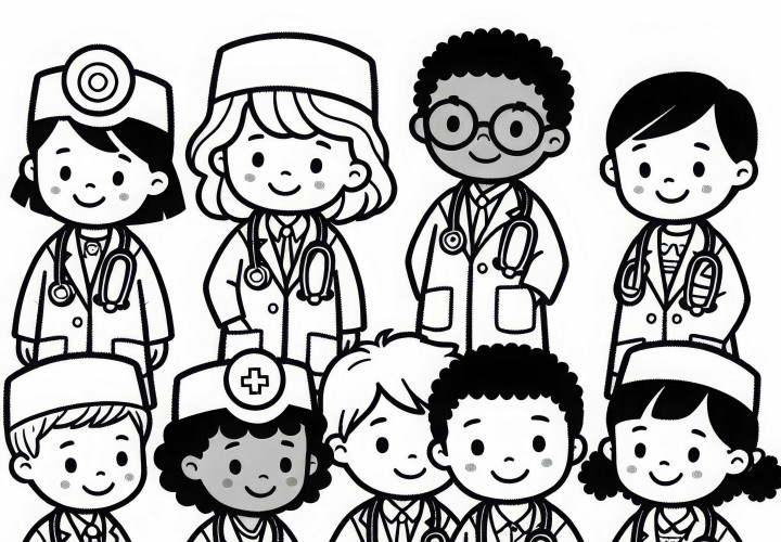 Children dressing up as a doctor – Coloring template simple free Children dressing up as doctors – Simple free coloring page