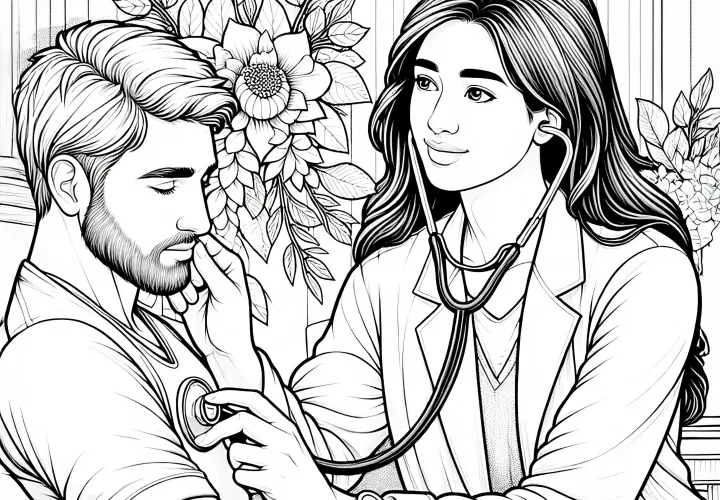 Ärztin mit Stethoskop bei der Untersuchung eines Patienten – Ausmalbild detailreich und kostenlos