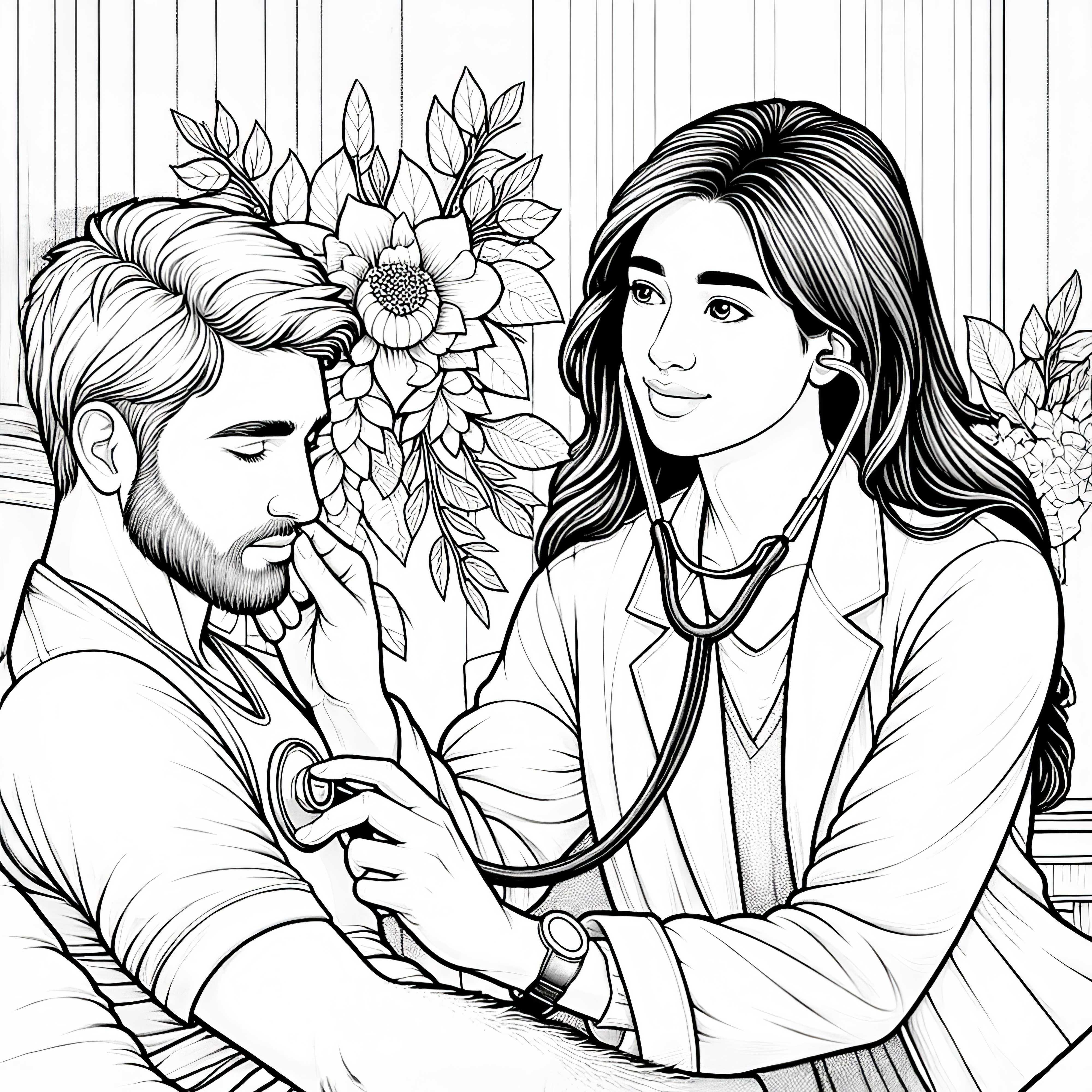 Doctor with stethoscope examining a patient - coloring page detailed and free