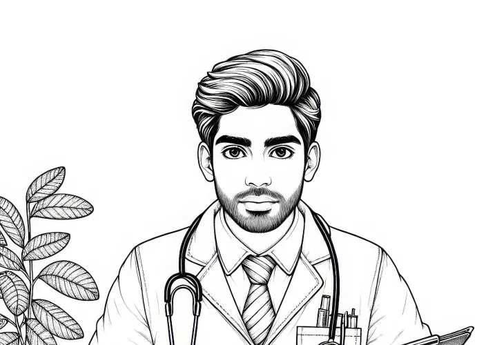 Arzt bei Diagnose mit Krankenakte – Malvorlage detailreich kostenlos