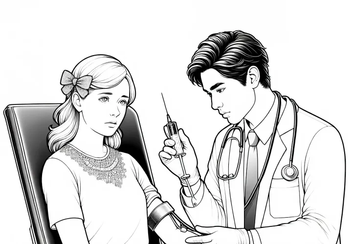 Arzt bei Blutabnahme mit Spritze und Patientin – Malvorlage detailreich kostenlos