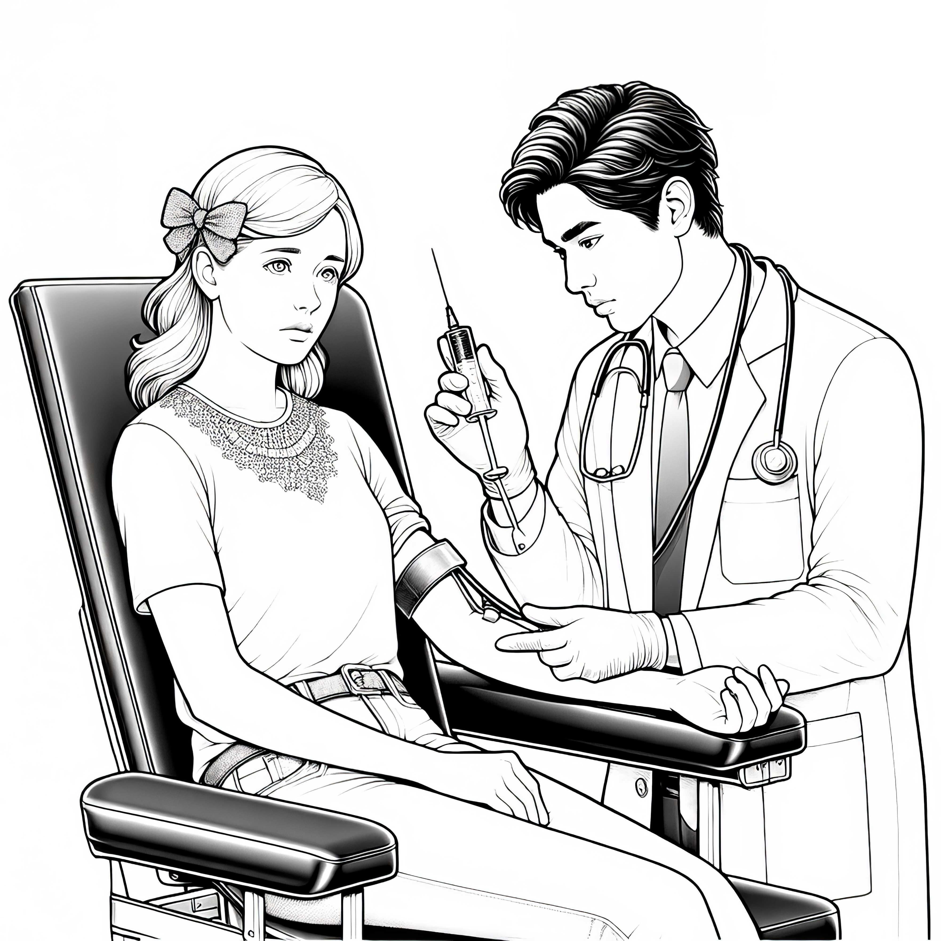 Doctor with syringe taking blood and patient - detailed coloring page free of charge