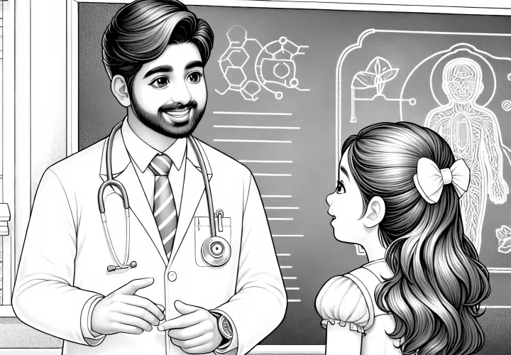 Arzt erklärt Kind etwas auf einer Tafel – Ausmalbild detailreich kostenlos