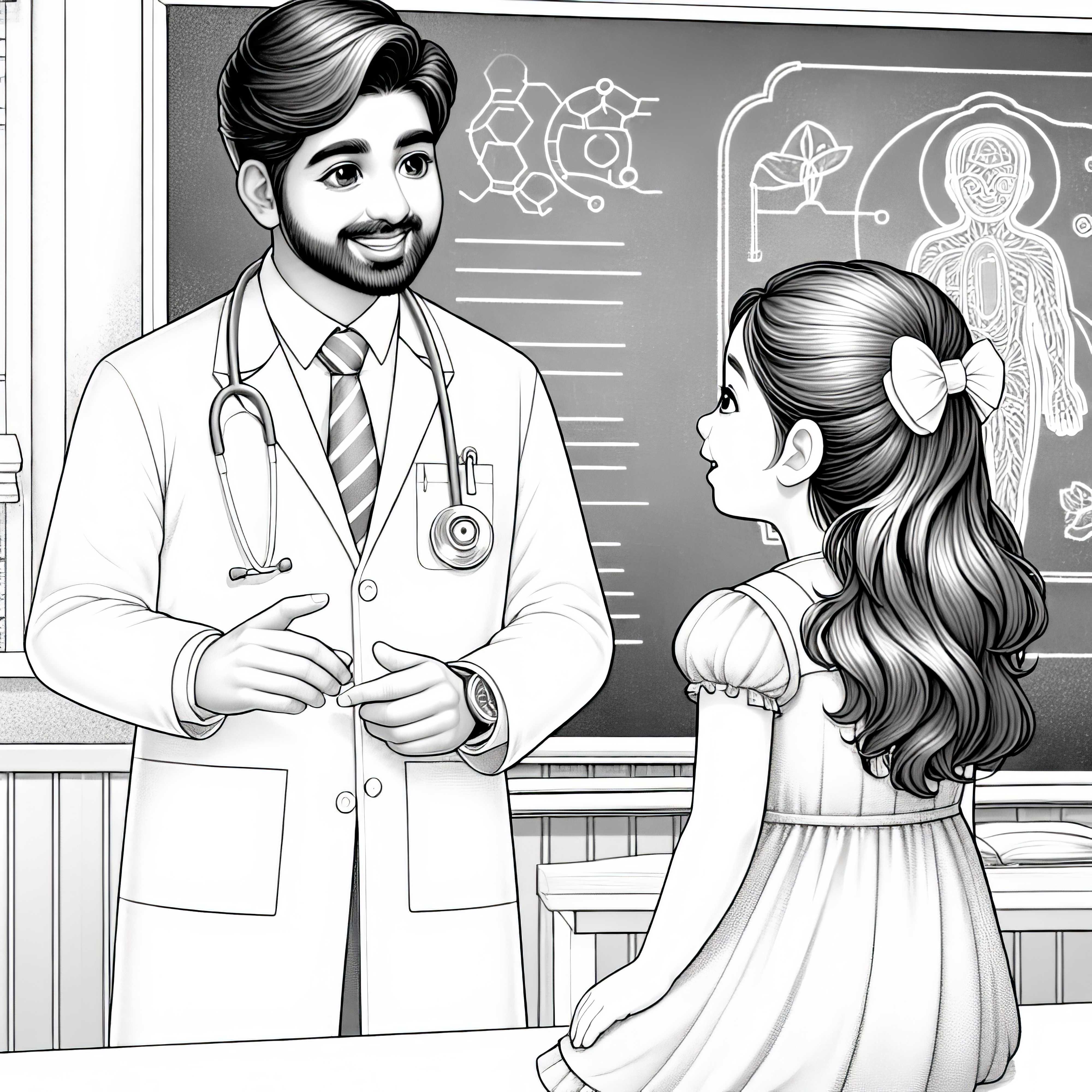 Doctor explains something to a child on a board – detailed free coloring page