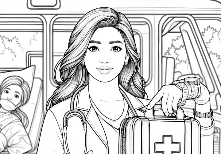 Ärztin mit Erste-Hilfe-Koffer – Malvorlage Detailreich und Gratis